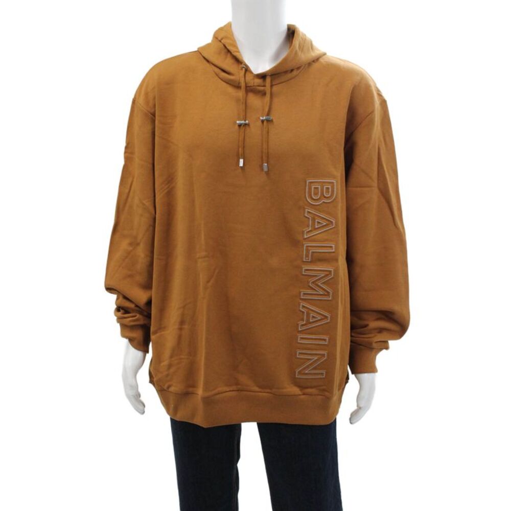 Balmain Mens Cotton Long Sleeve Graphic Pullover Hoodie Brown Size L